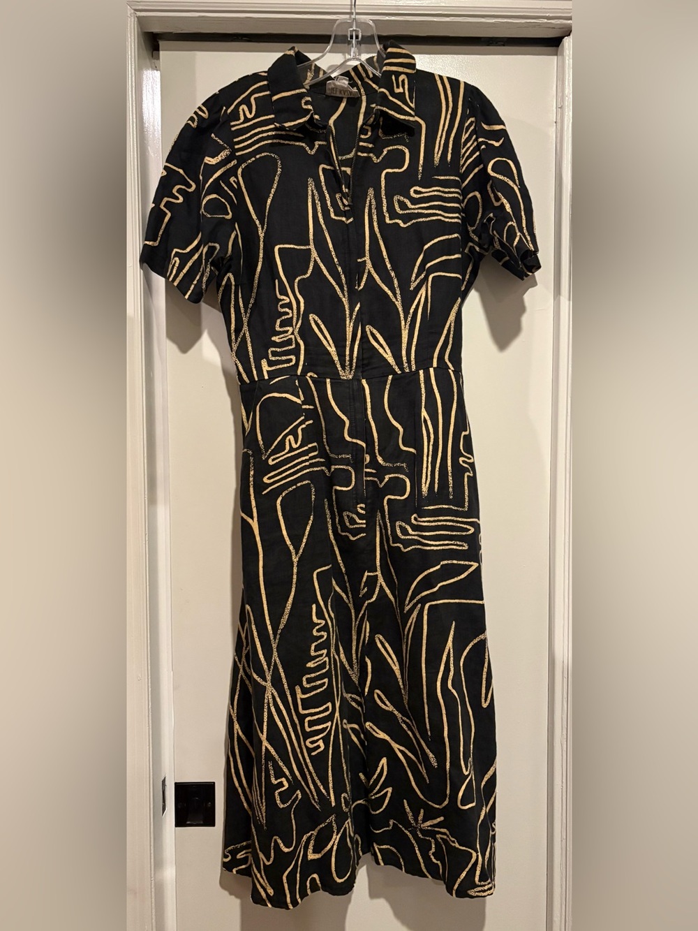 Bel Kazan Black Rye Dallas Dress with Gold Abstract Print - Women M